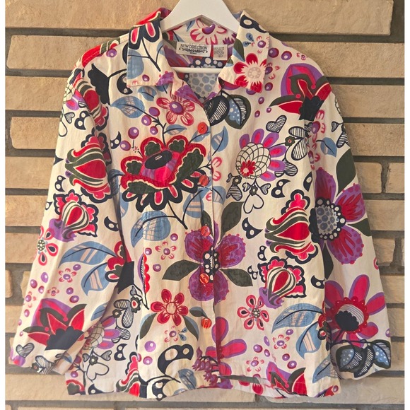 new directions Tops - New Direction Womens Button-Up Floral Collared Long Sleeve Cotton Top 2X